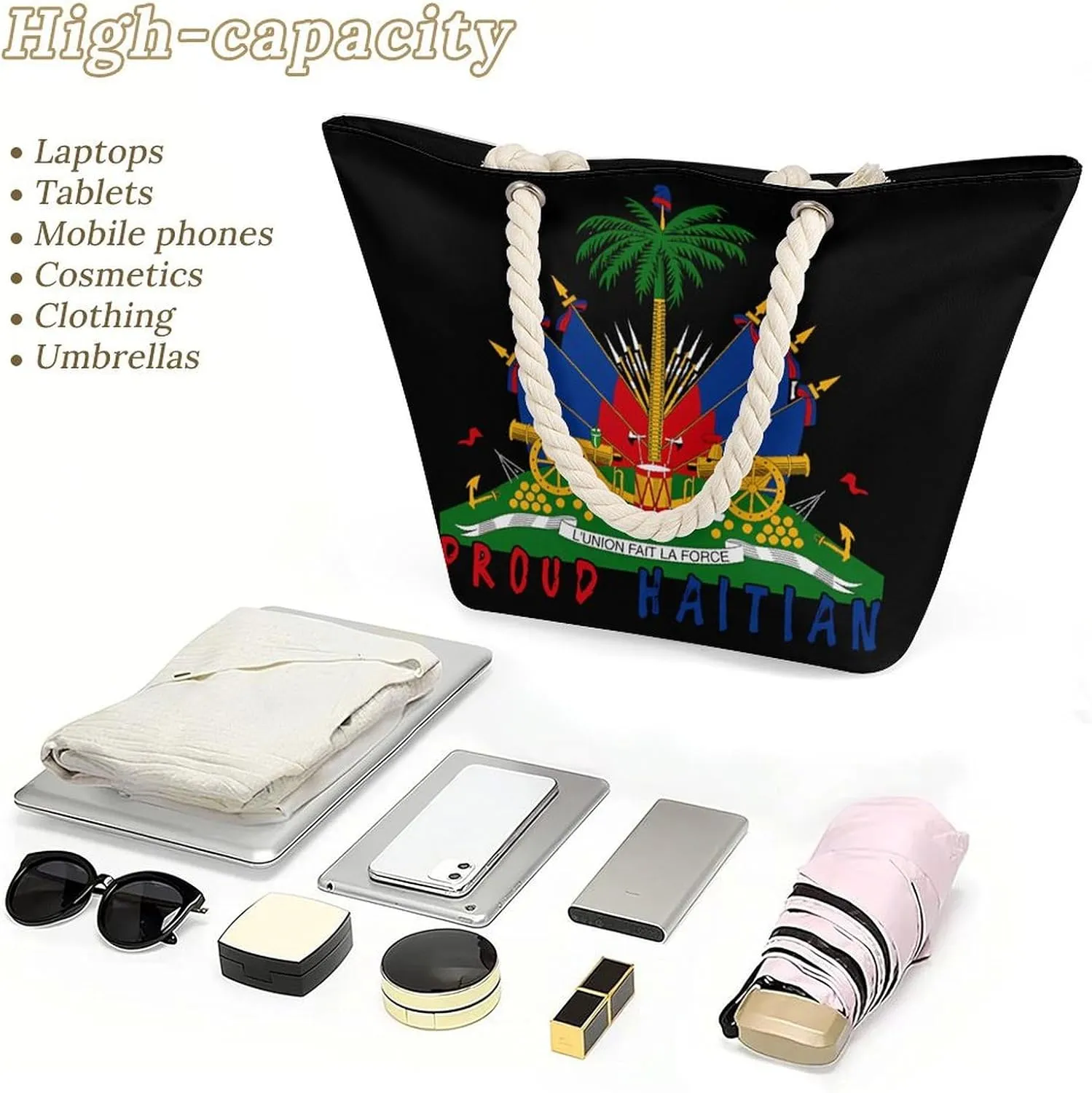Tote Bag Large Handles Beach Bag with Zipper for Shopping Groceries Travel Outdoors Swim Pool Bag