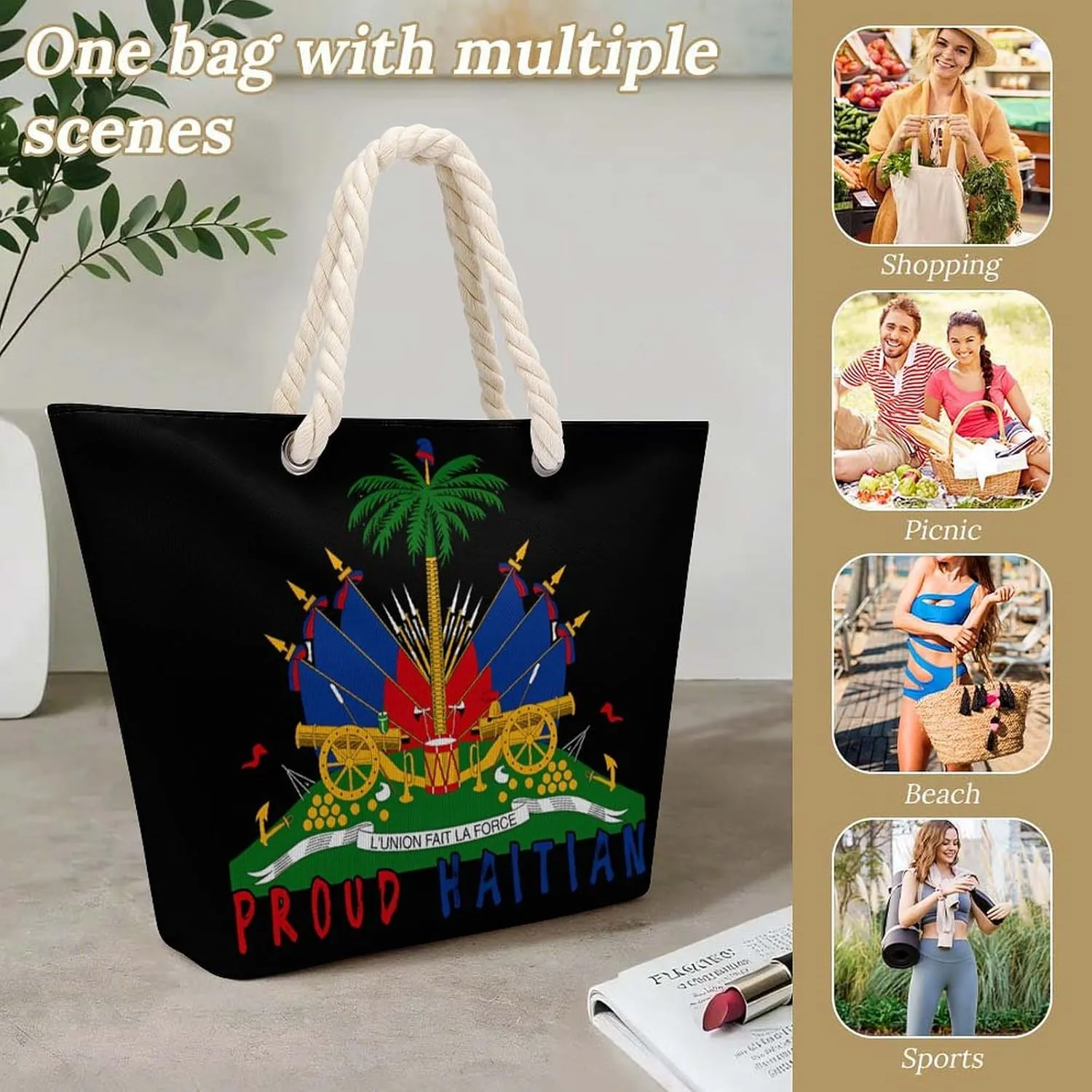 Tote Bag Large Handles Beach Bag with Zipper for Shopping Groceries Travel Outdoors Swim Pool Bag