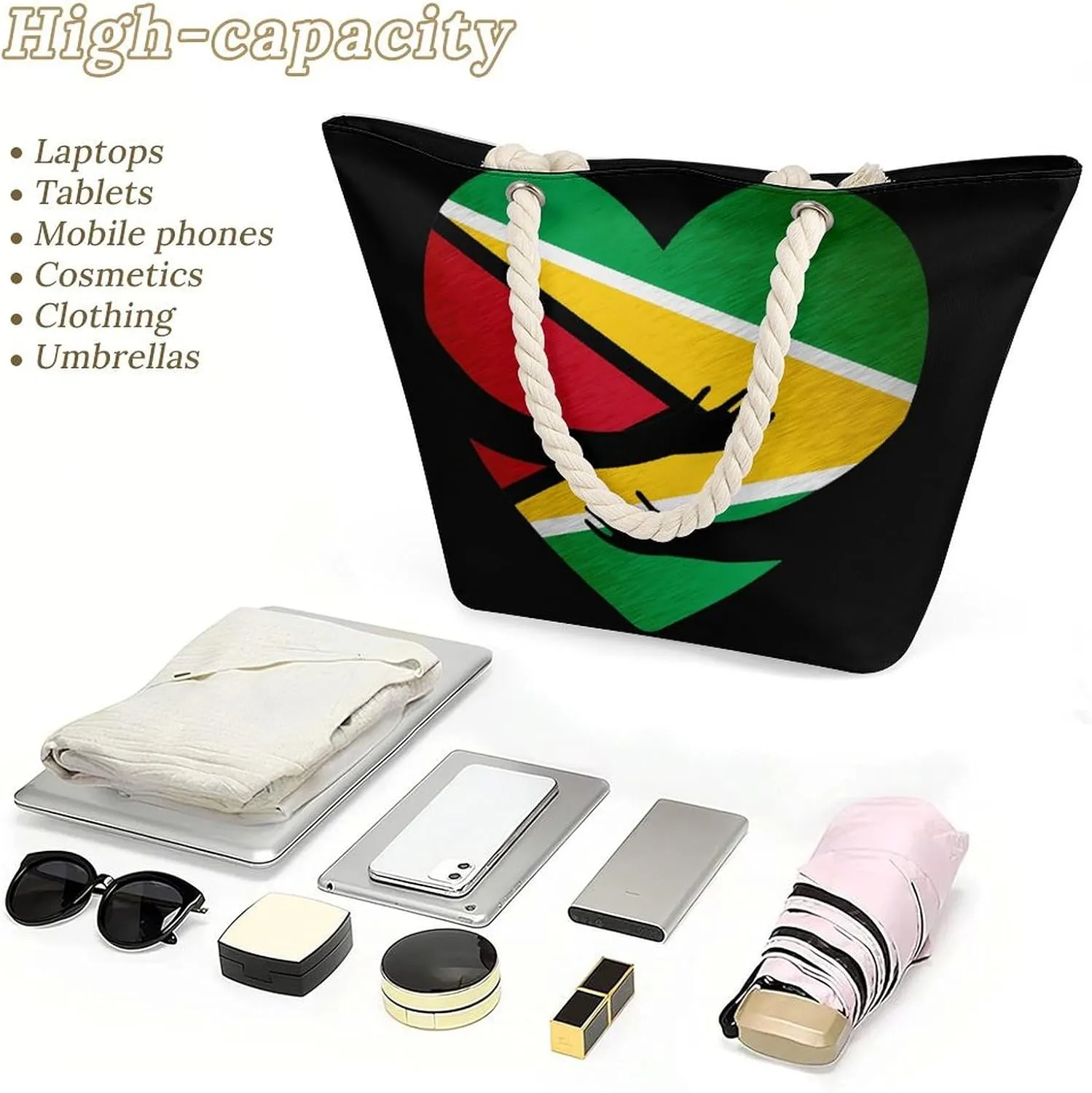 Tote Bag Large Handles Beach Bag with Zipper for Shopping Groceries Travel Outdoors Swim Pool Bag
