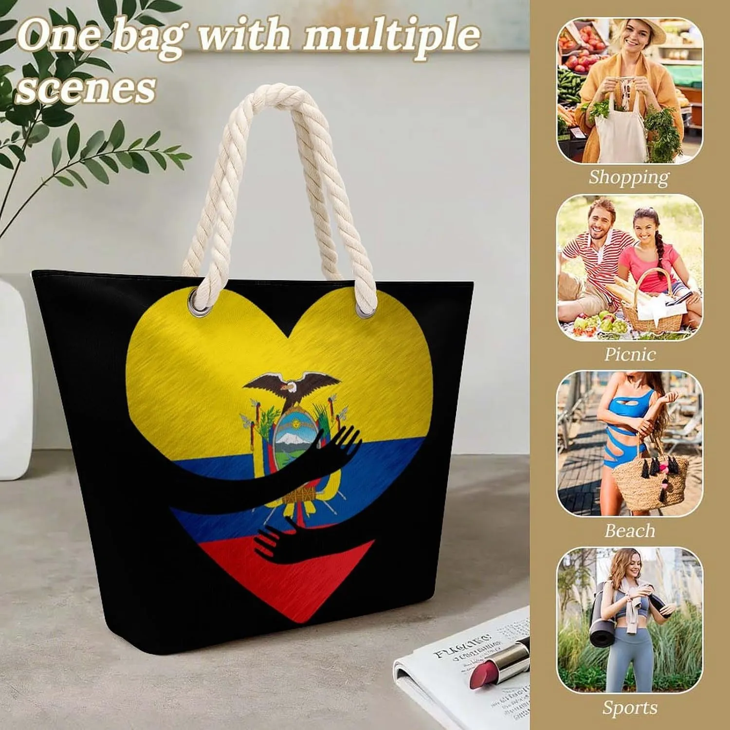 Tote Bag Large Handles Beach Bag with Zipper for Shopping Groceries Travel Outdoors Swim Pool Bag