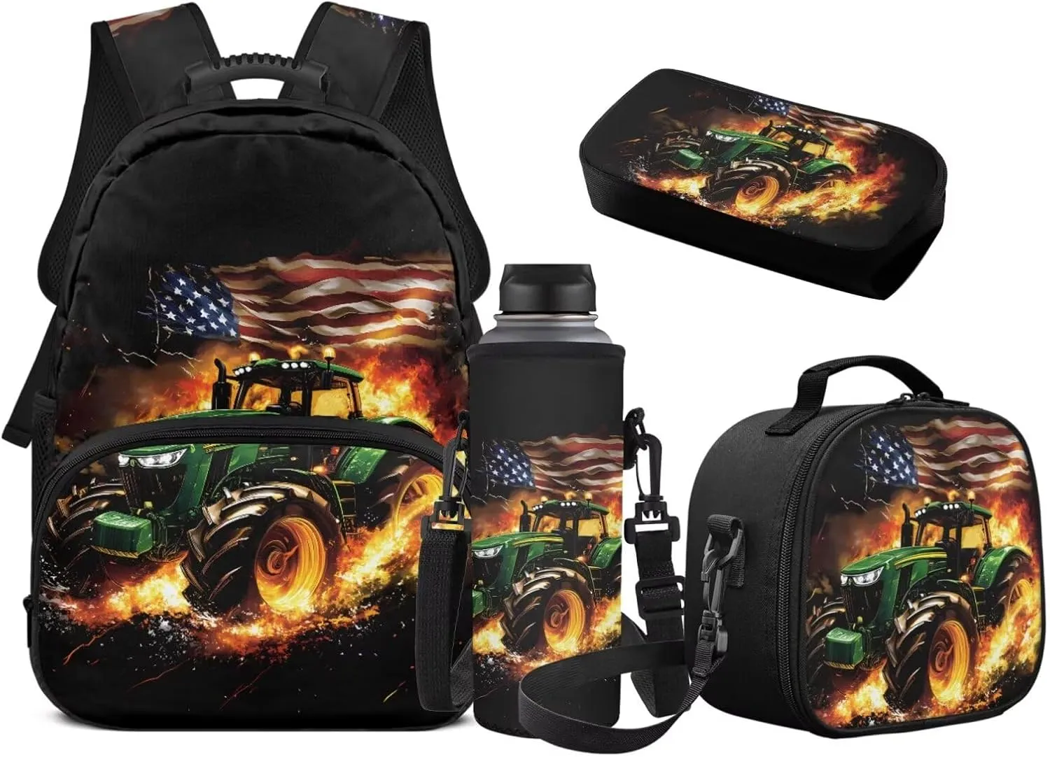 Tractor Backpack for Boys Girls School Bag with Lunch Bag Pencil Case Water Bottle Holder 4PCS American Flag School Daypack Travel Bag Satchel Bagpack Back to School Supplies