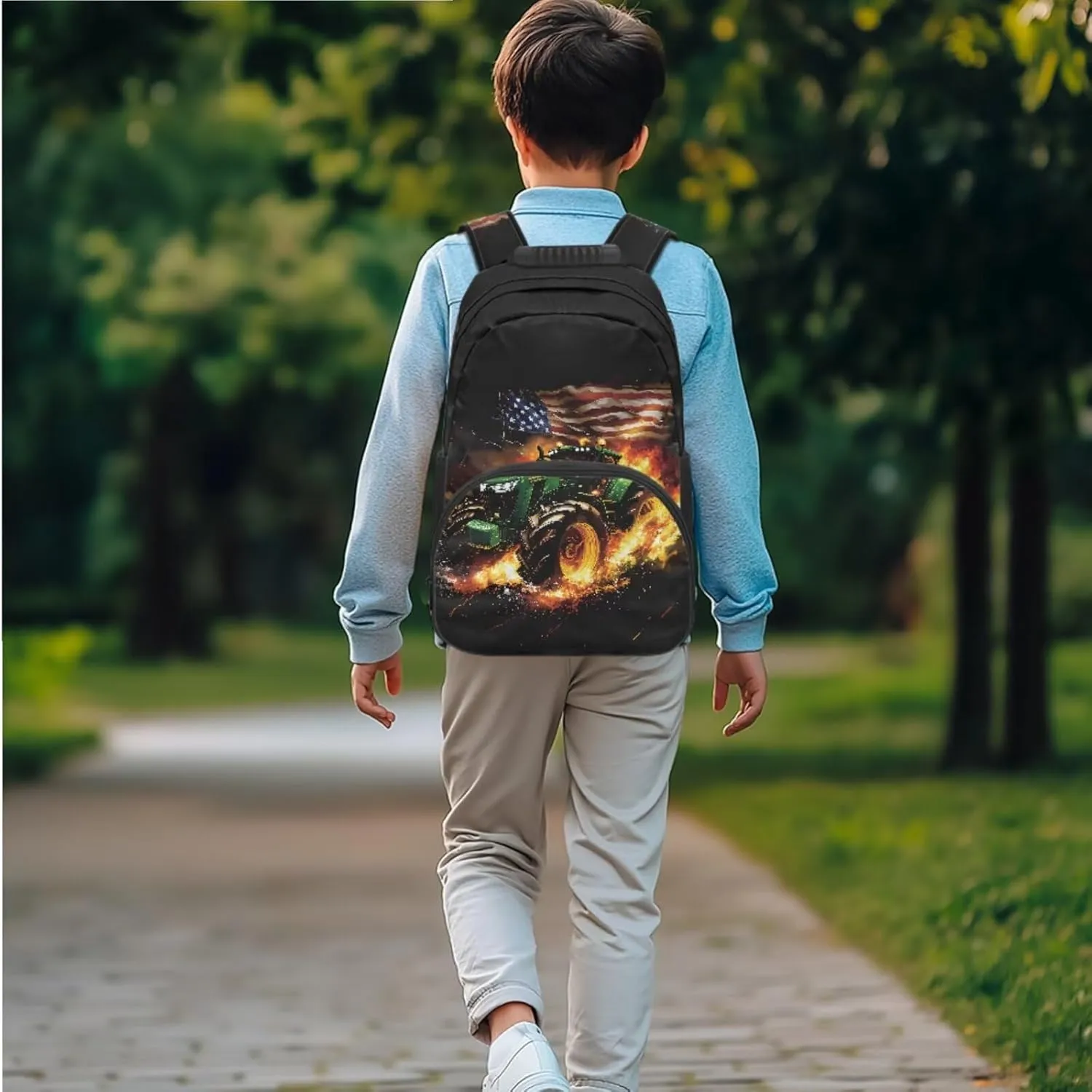 Tractor Backpack for Boys Girls School Bag with Lunch Bag Pencil Case Water Bottle Holder 4PCS American Flag School Daypack Travel Bag Satchel Bagpack Back to School Supplies