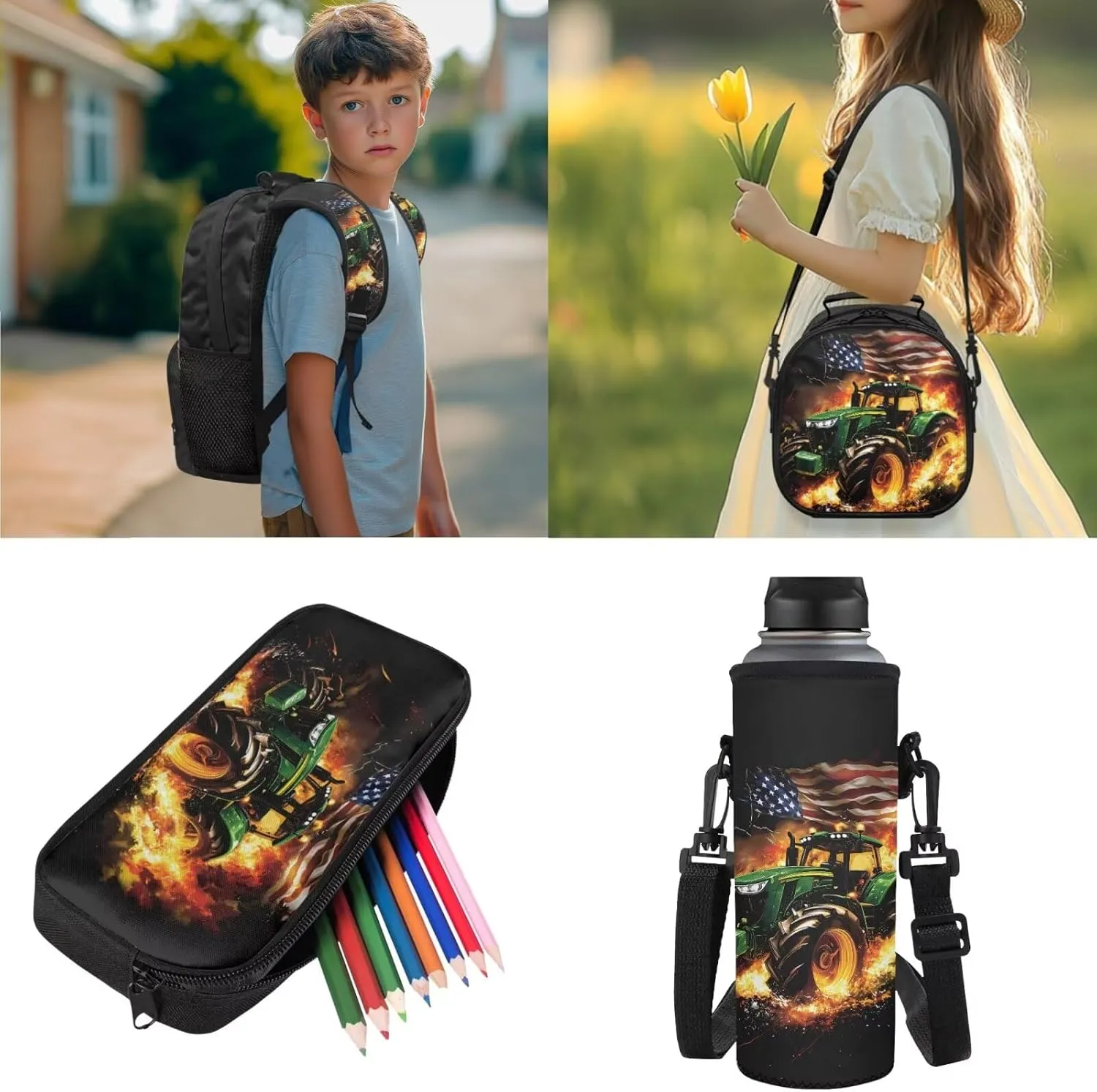 Tractor Backpack for Boys Girls School Bag with Lunch Bag Pencil Case Water Bottle Holder 4PCS American Flag School Daypack Travel Bag Satchel Bagpack Back to School Supplies