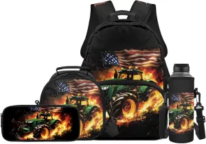 Tractor Backpack for Boys Girls School Bag with Lunch Bag Pencil Case Water Bottle Holder 4PCS American Flag School Daypack Travel Bag Satchel Bagpack Back to School Supplies