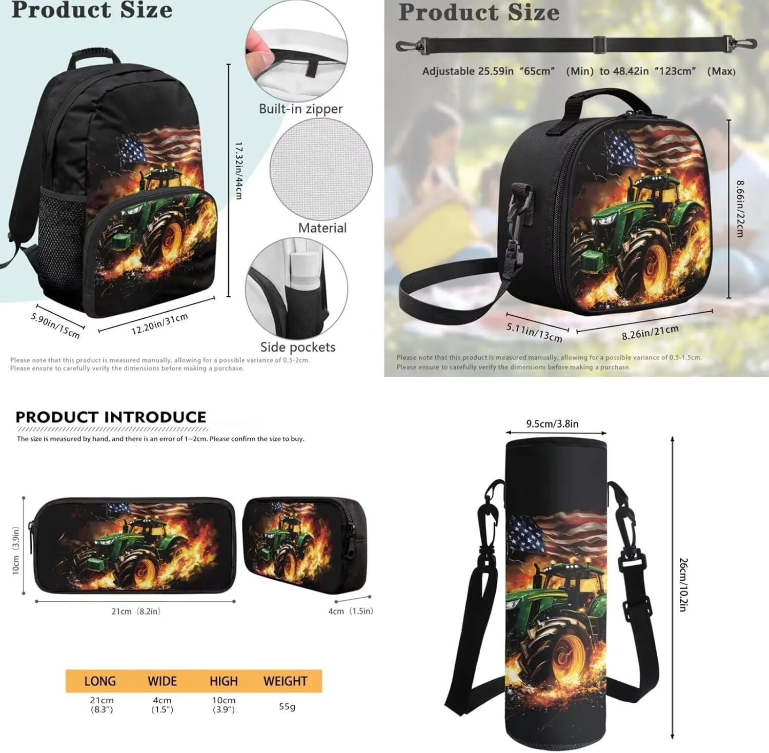 Tractor Backpack for Boys Girls School Bag with Lunch Bag Pencil Case Water Bottle Holder 4PCS American Flag School Daypack Travel Bag Satchel Bagpack Back to School Supplies
