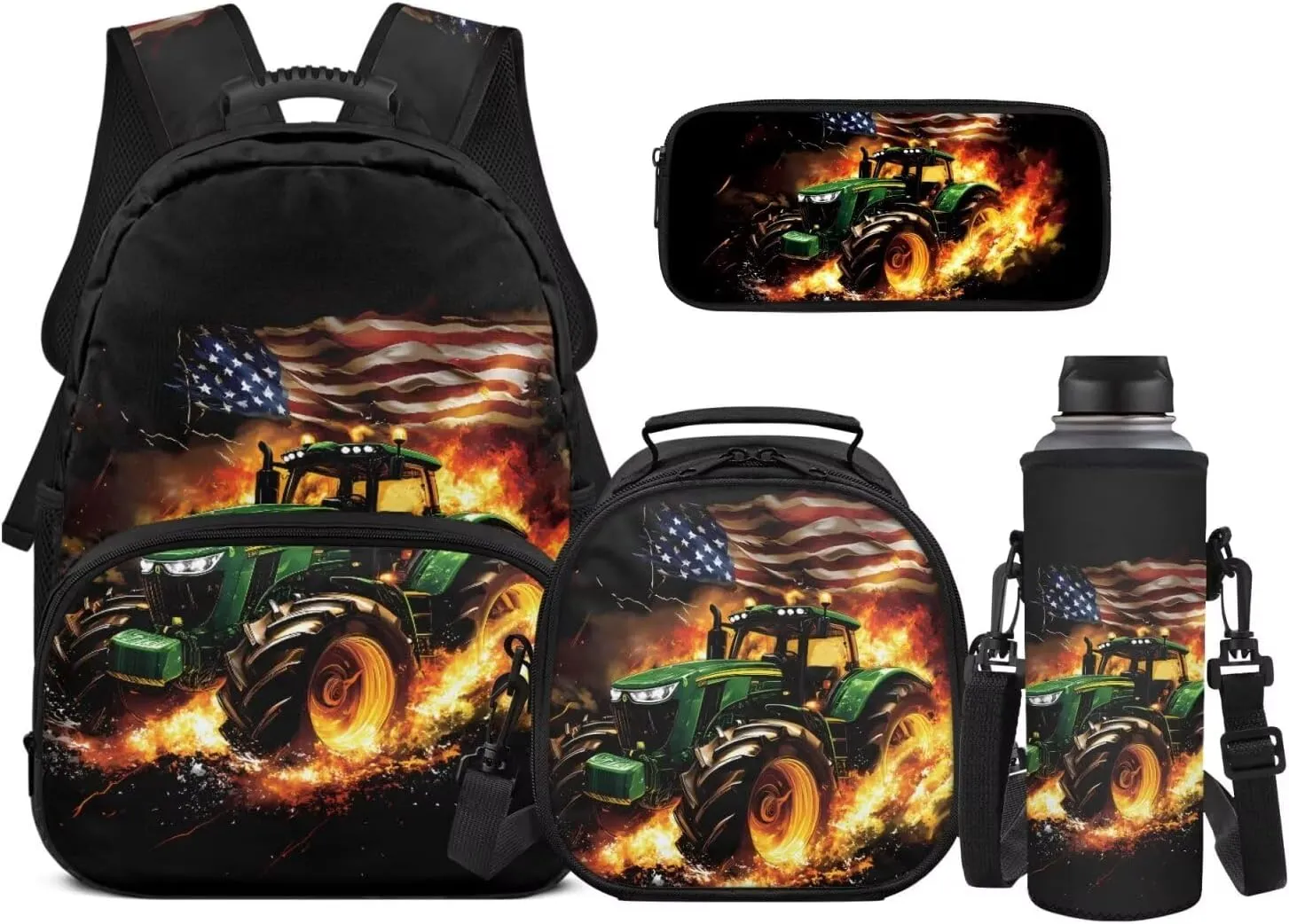 Tractor Backpack for Boys Girls School Bag with Lunch Bag Pencil Case Water Bottle Holder 4PCS American Flag School Daypack Travel Bag Satchel Bagpack Back to School Supplies