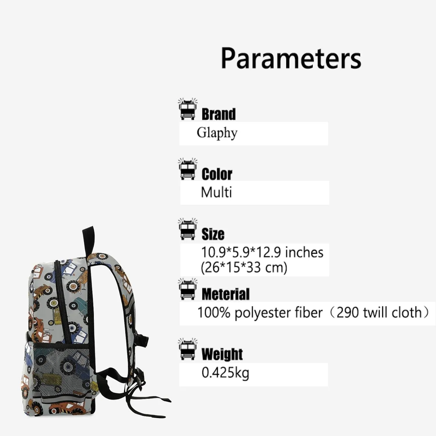 Tractors Car Kids Backpack for Boys Girls, Children Bag Preschool Bookbag with Chest Strap for Daycare Kindergarten Travel