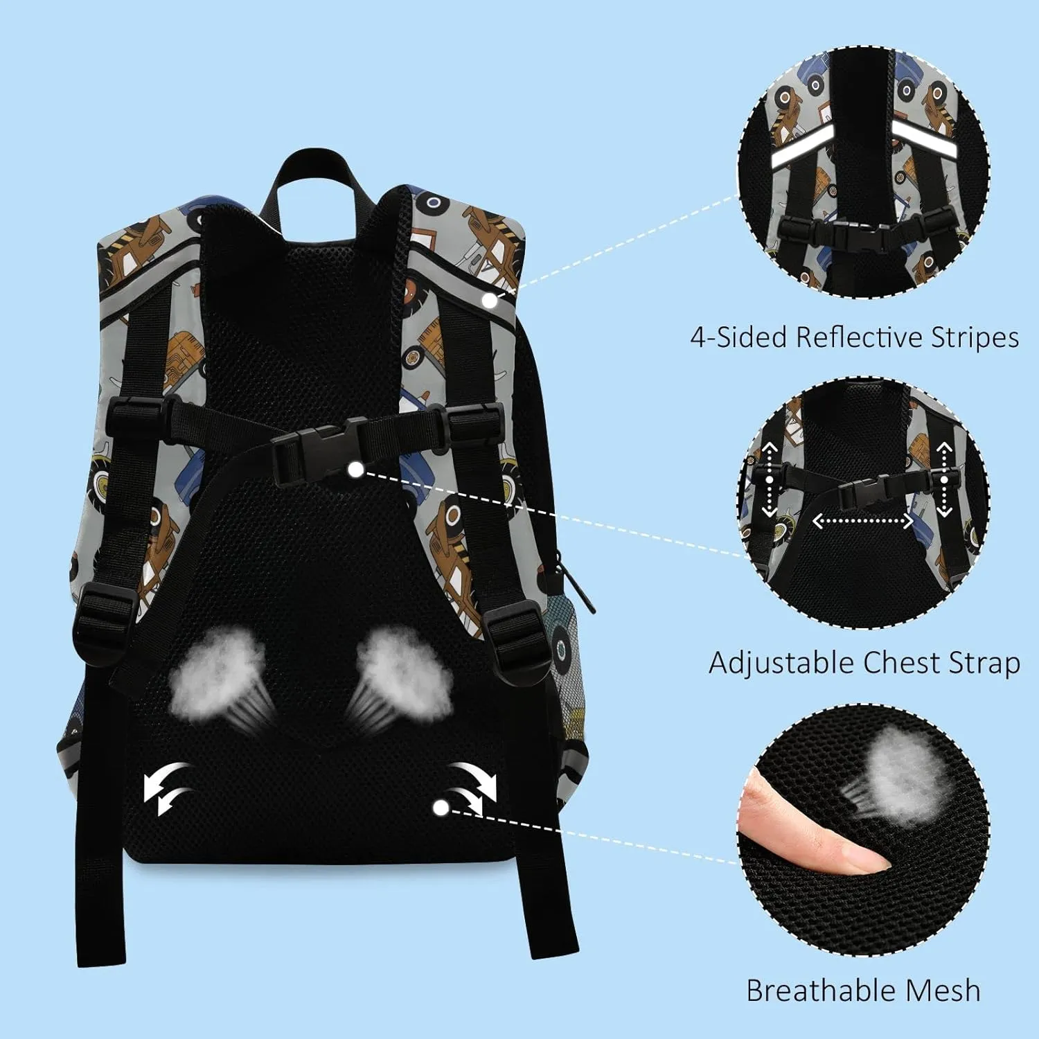 Tractors Car Kids Backpack for Boys Girls, Children Bag Preschool Bookbag with Chest Strap for Daycare Kindergarten Travel
