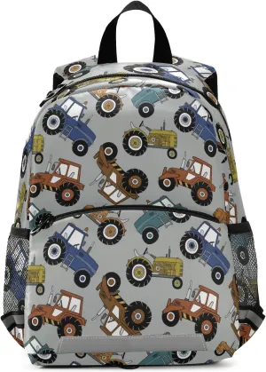 Tractors Car Kids Backpack for Boys Girls, Children Bag Preschool Bookbag with Chest Strap for Daycare Kindergarten Travel