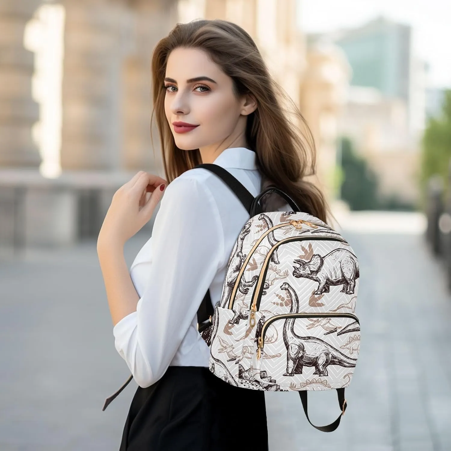 Travel Backpack Purse for Women Fashion Anti-theft Work Casual Animal Dinosaurs Pattern Daypack Shoulder Bag Medium Size