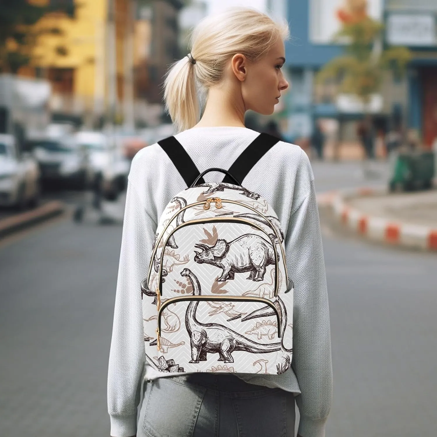 Travel Backpack Purse for Women Fashion Anti-theft Work Casual Animal Dinosaurs Pattern Daypack Shoulder Bag Medium Size