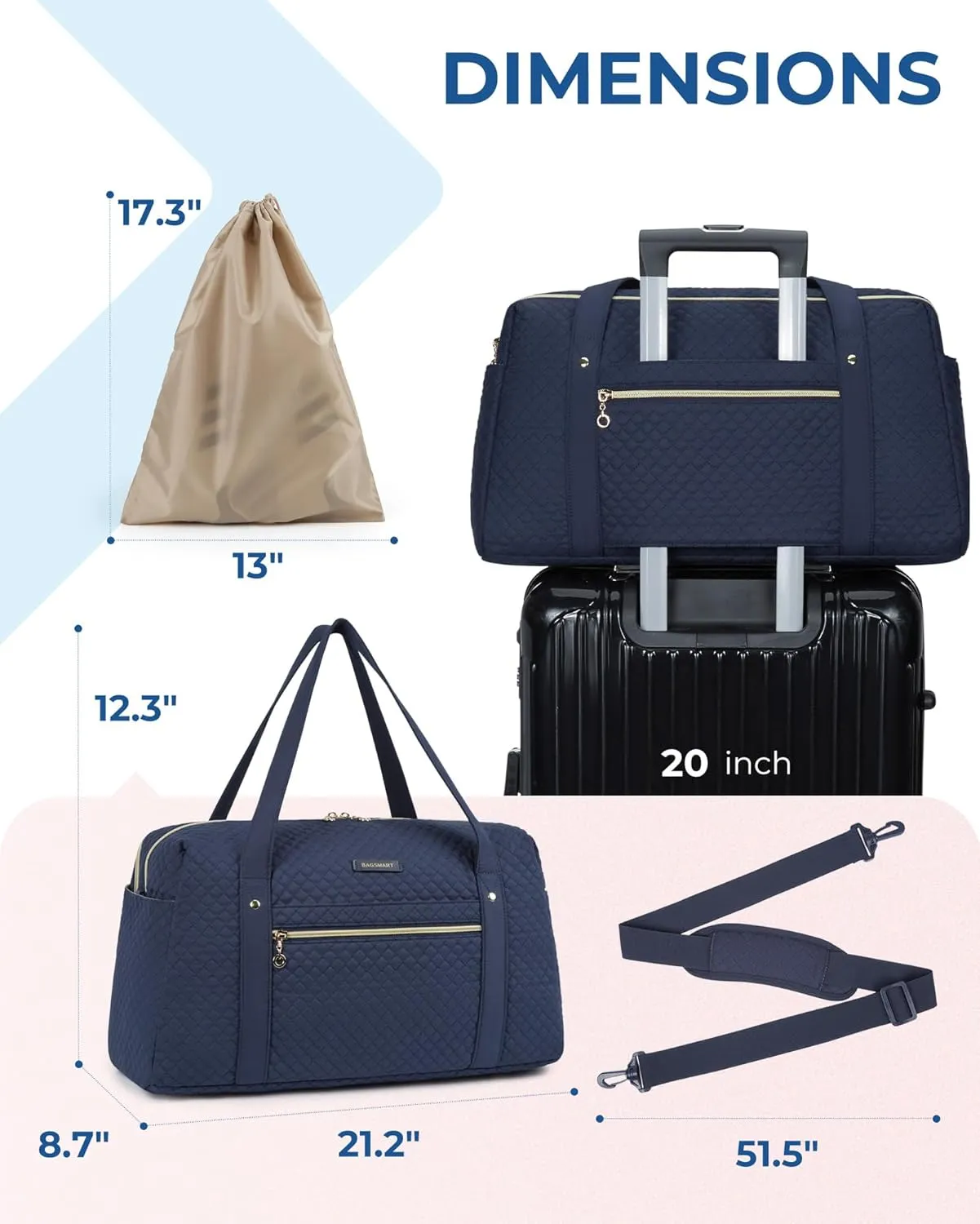 Travel Duffle Bag, BAGSMART 31L Quilted Weekender Overnight Bag for Women with Laptop Compartment, Large Carry On Airport Bag with Wet Pocket & Shoe Bag for Business Trips, Sports (Navy blue)