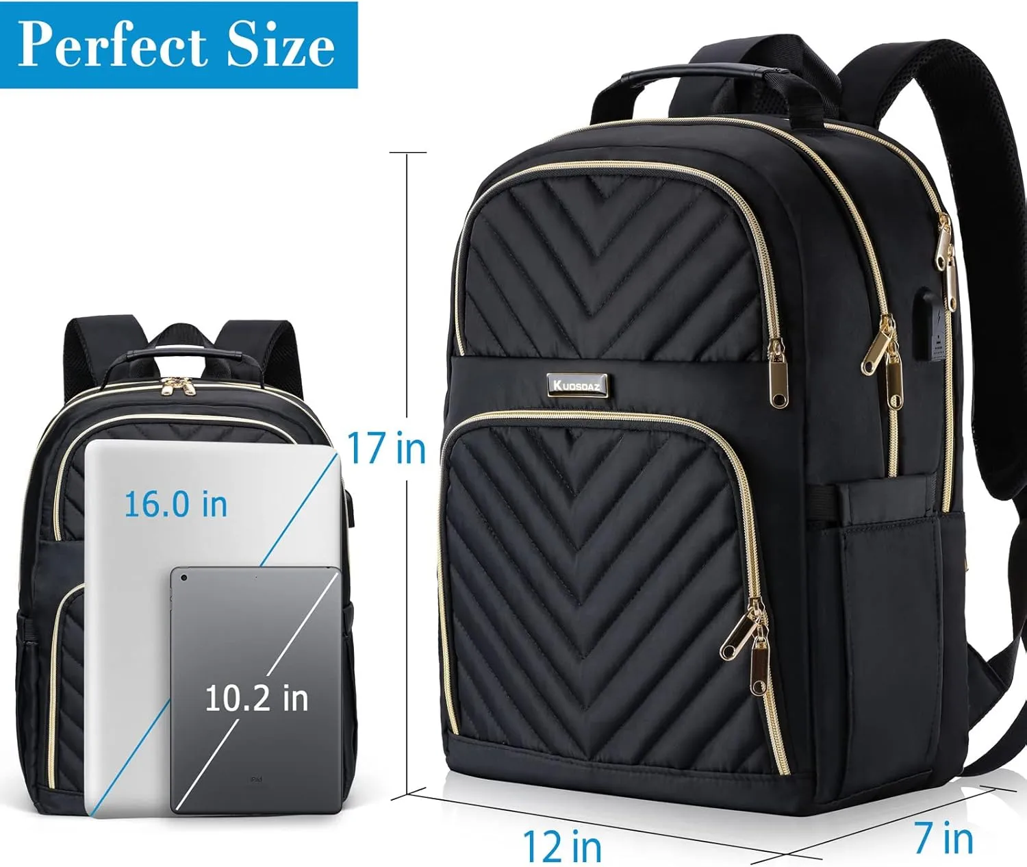 Travel Laptop Backpack, School Backpack for Teen Girls, 15.6 Inch Quilted Work Backpack Purse with USB Charging Port, Large Anti-theft Bookbag for Students, Casual Daypacks for Women,Black