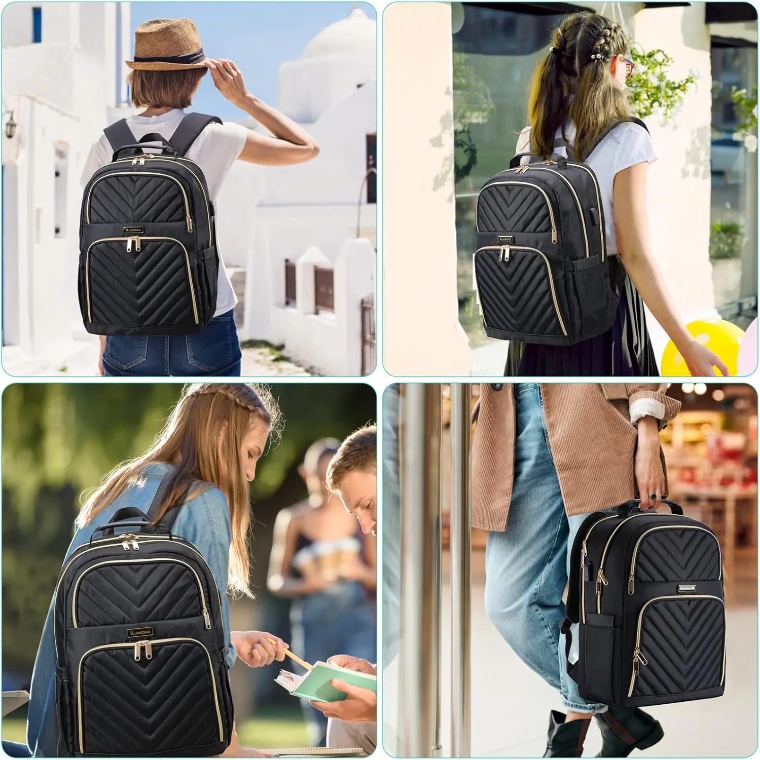 Travel Laptop Backpack, School Backpack for Teen Girls, 15.6 Inch Quilted Work Backpack Purse with USB Charging Port, Large Anti-theft Bookbag for Students, Casual Daypacks for Women,Black