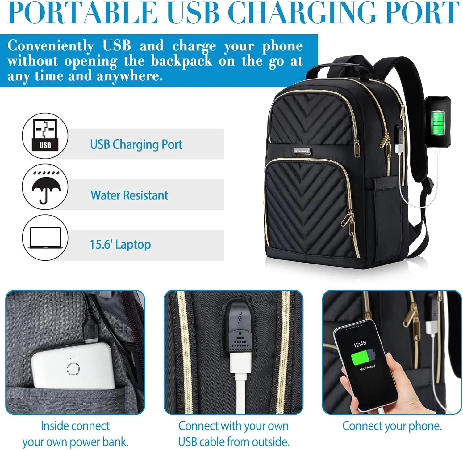 Travel Laptop Backpack, School Backpack for Teen Girls, 15.6 Inch Quilted Work Backpack Purse with USB Charging Port, Large Anti-theft Bookbag for Students, Casual Daypacks for Women,Black