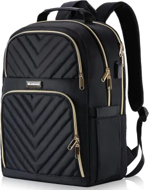 Travel Laptop Backpack, School Backpack for Teen Girls, 15.6 Inch Quilted Work Backpack Purse with USB Charging Port, Large Anti-theft Bookbag for Students, Casual Daypacks for Women,Black