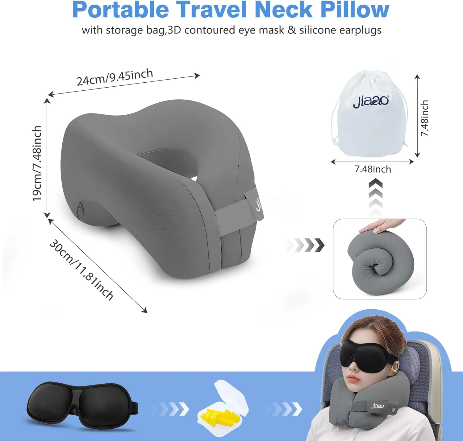 Travel Neck Pillow, Advanced Neck Support for International Flights, 3D Eye Masks, Ear Plugs and Storage Bag, Memory Foam Airplane Pillow for Travel, Sleep Rest, Trains, Road Trips