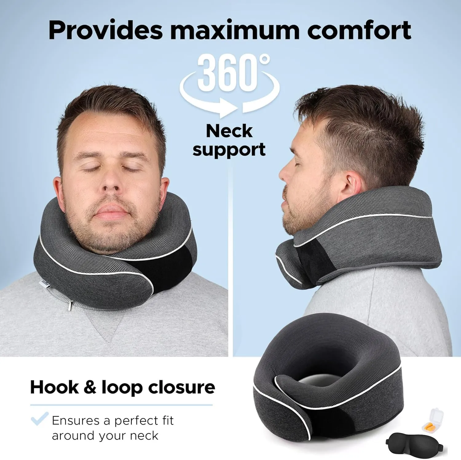 Travel Neck Pillow, Best Memory Foam Airplane Pillow for Head Support Soft Adjustable Pillow for Plane, Car & Home Recliner Use (Black1)