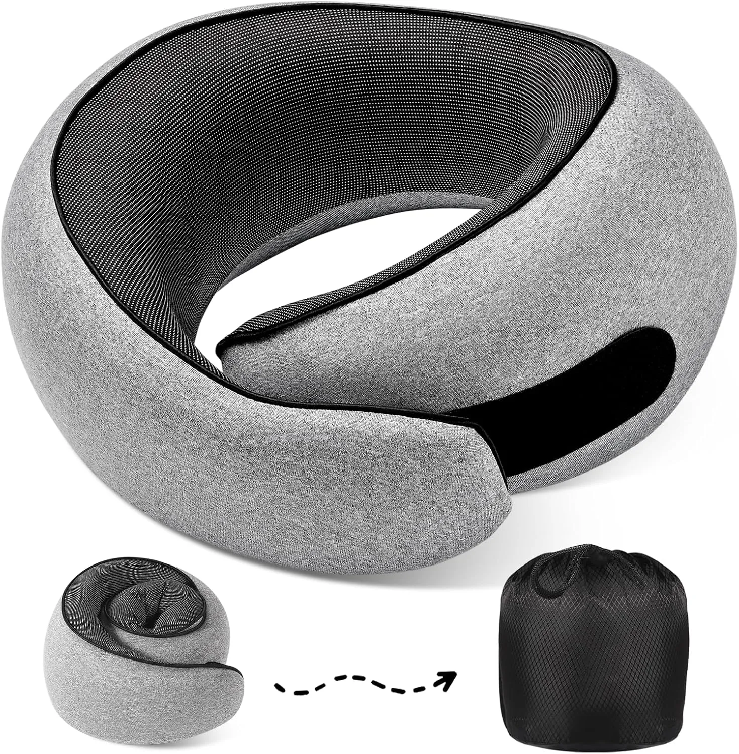 Travel Neck Pillows, 100% Memory Foam Filling, Travel Pillows for Airplanes, Compact and Ergonomic Design, Best for Sleeping Plane Train Travel Essentials (Light Grey)