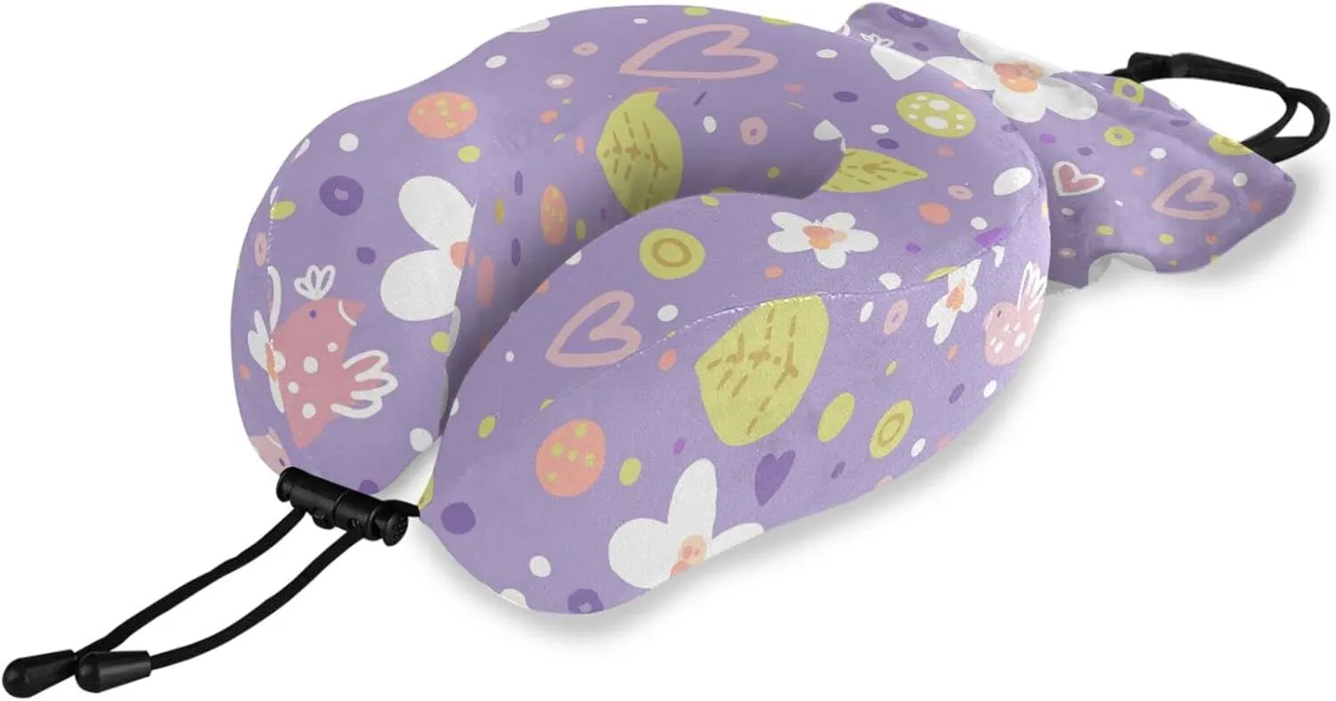 Travel Pillow, Naive Birds and Flowers Memory Foam Neck Pillow, Head Support Soft Pillow for Travelling, Sleeping Rest, Airplane, Car, Train, Office, Home