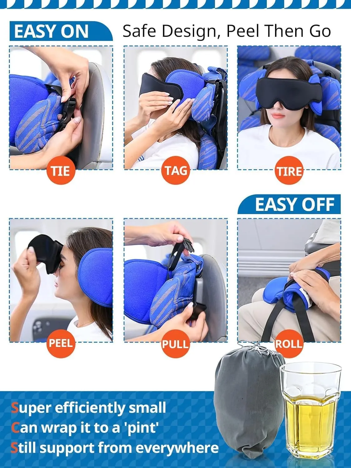Travel Pillows for Airplanes, Airplane Pillow for Long Flight, Airplane Head Strap with Eye Mask for Sleep, Travel Neck Pillow for Car Road Trip, 360° Support Headrest, Stop Bobblehead, Orange