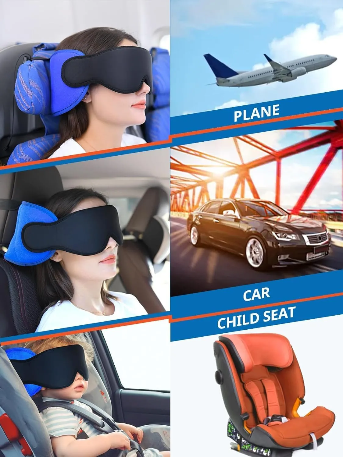 Travel Pillows for Airplanes, Airplane Pillow for Long Flight, Airplane Head Strap with Eye Mask for Sleep, Travel Neck Pillow for Car Road Trip, 360° Support Headrest, Stop Bobblehead, Orange