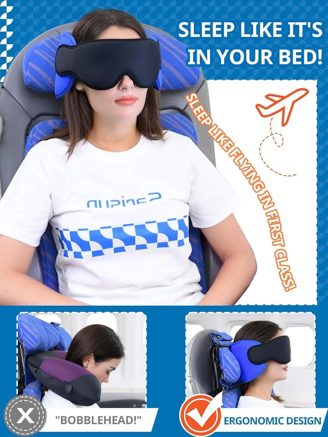 Travel Pillows for Airplanes, Airplane Pillow with Eye Mask for Long Flight, Airplane Head Strap for Sleeping, Travel Neck Pillow for Car, Road Trip Car Headrest, Stop Bobblehead, Dark Brown