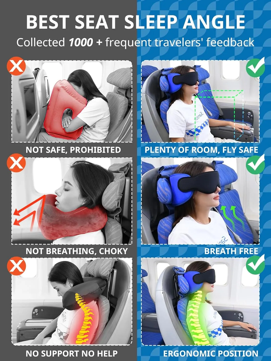 Travel Pillows for Airplanes, Airplane Pillow with Eye Mask for Long Flight, Airplane Head Strap for Sleeping, Travel Neck Pillow for Car, Road Trip Car Headrest, Stop Bobblehead, Dark Brown