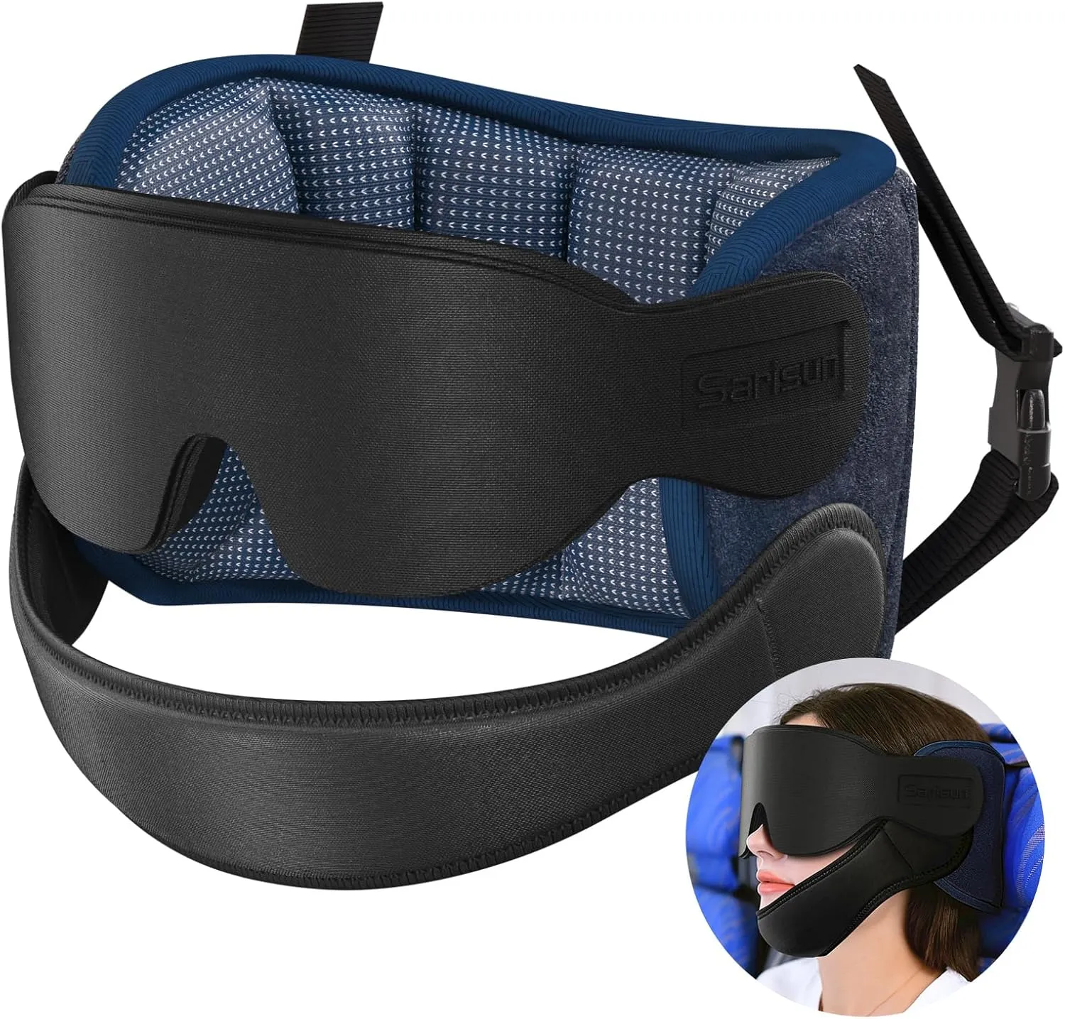 Travel Pillows for Airplanes with Sleep Eye Mask, Chin Strap, Airplane Pillow for Long Flights, Car Road Trip, 360° Headrest, Stop Bobblehead, FSA HSA Eligible, Mottled Blue