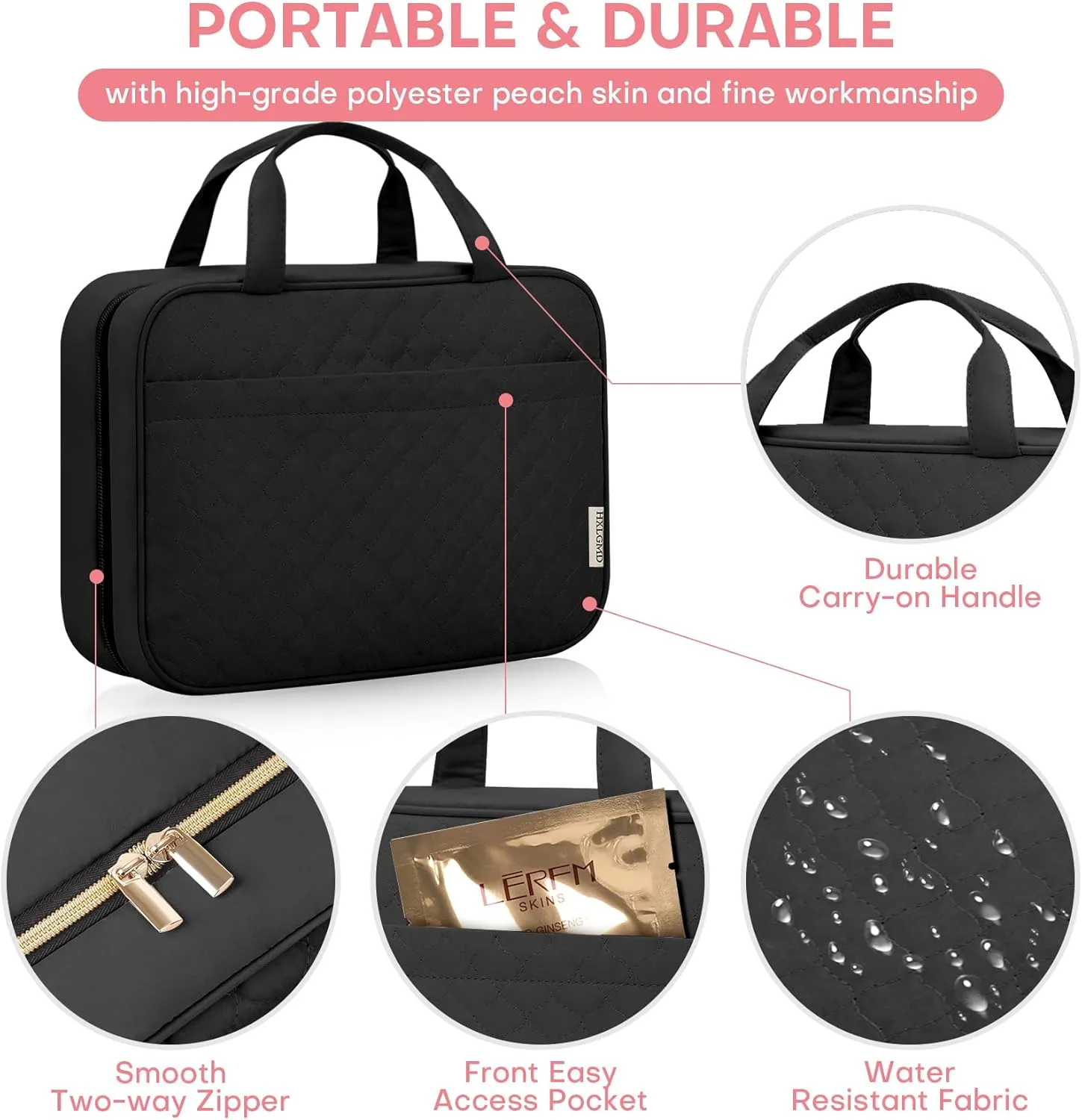 Travel Size Toiletry Bag for Women, Portable Cosmetic Bag with Hanging Hook, Travel Essentials Water-resistant Makeup Organizer for Accessories, Shampoo, Full-size Container, Toiletries
