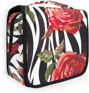 Travel Toiletry Bag Cosmetic Bag Roses and Zebra Skin Portable Hanging Cosmetic Case Traveling With Leakproof Compartment Makeup Toiletries Cosmetic Organizer for Women Men