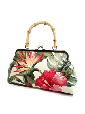 Tropical Bird of Paradise & Pink Hibiscus Kisslock Purse with Bamboo Handles, Vintage Hawaiian Style Bag, Summer Floral Purse, Gift for Her