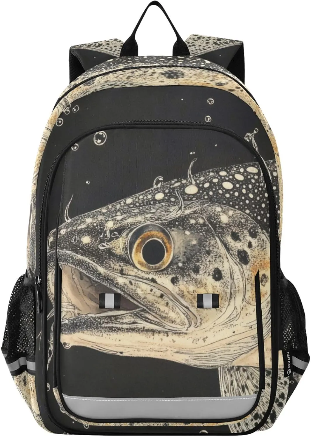 Trout Closeup Black Backpack for Women Men Travel Laptop Daypack Shoulder Bag Book Bag Daypack with Reflective Strip 12.9” × 17.7”