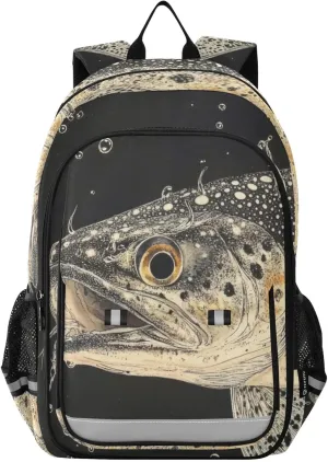 Trout Closeup Black Backpack for Women Men Travel Laptop Daypack Shoulder Bag Book Bag Daypack with Reflective Strip 12.9” × 17.7”