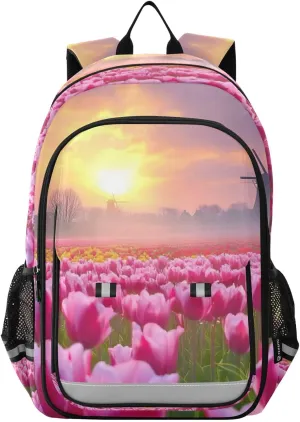 Tulip Field Landscape Backpack for Women Men Travel Laptop Daypack Shoulder Bag Book Bag Daypack with Reflective Strip 12.9” × 17.7”
