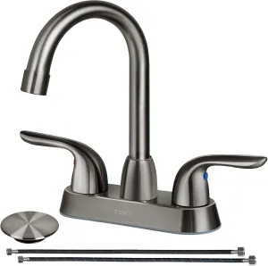 Two Handles Centerset Bathroom Faucet for Sink High Arc Stainless Steel with Deck Plate & Pop-Up Drain Assembly Fit 3 Hole Installation, Metallic Grey