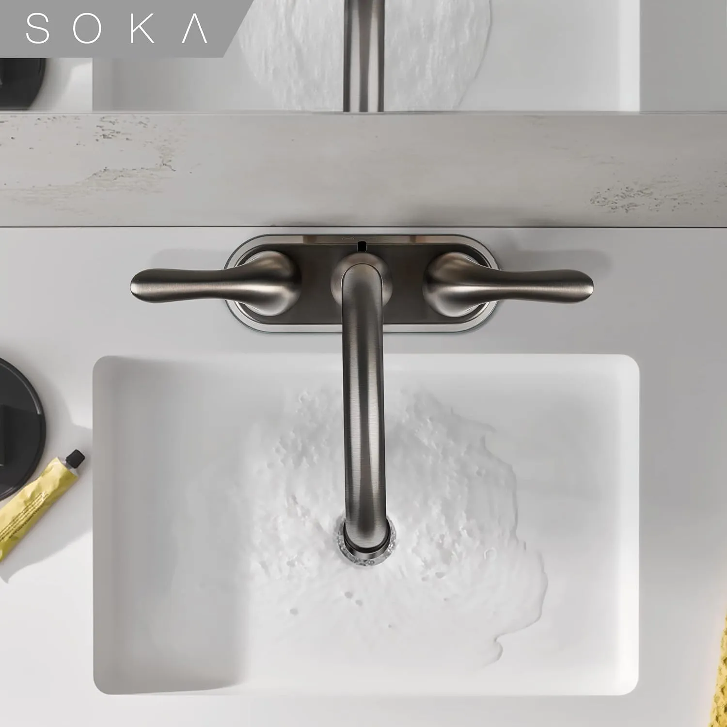 Two Handles Centerset Bathroom Faucet for Sink High Arc Stainless Steel with Deck Plate & Pop-Up Drain Assembly Fit 3 Hole Installation, Metallic Grey