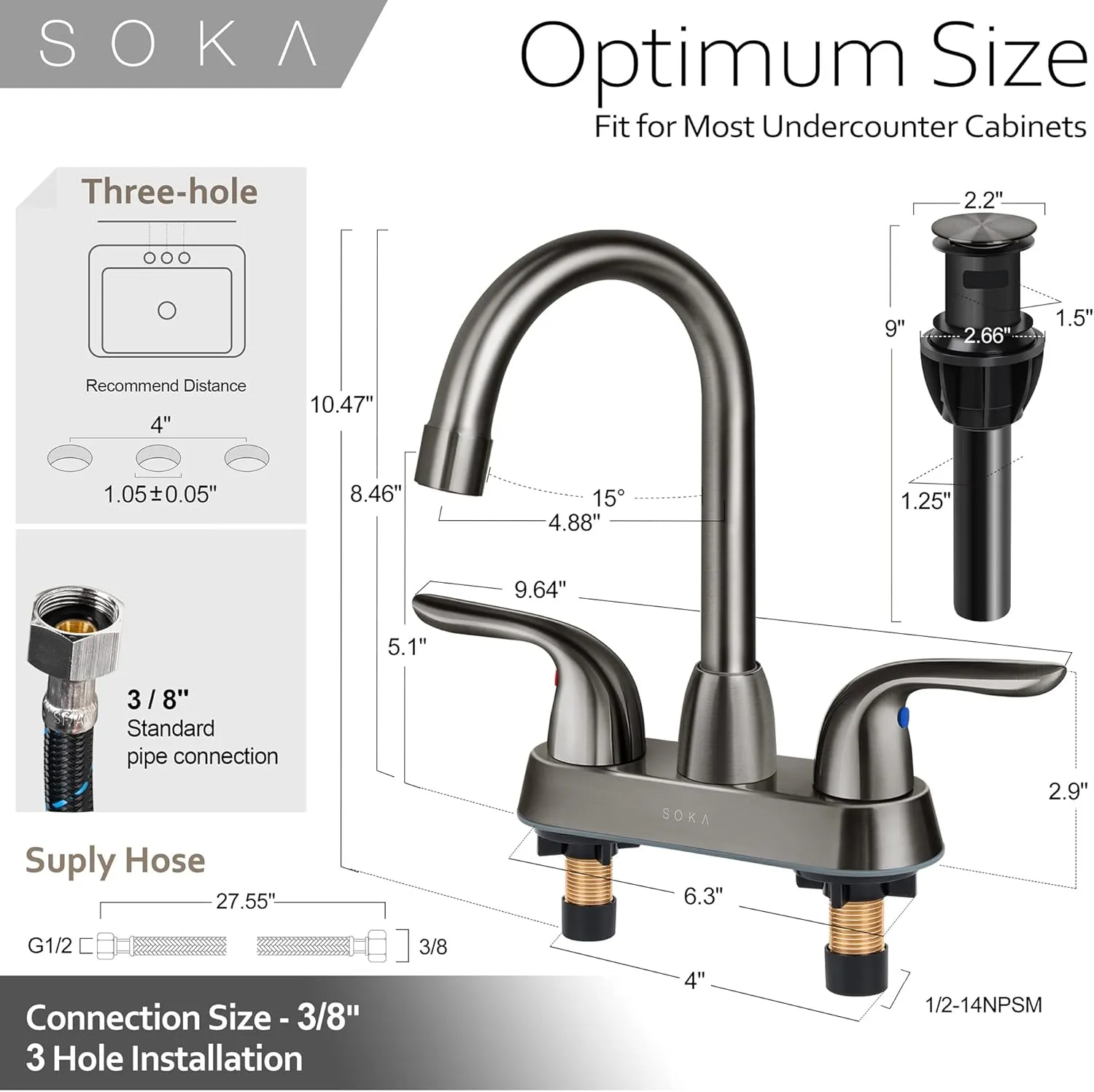 Two Handles Centerset Bathroom Faucet for Sink High Arc Stainless Steel with Deck Plate & Pop-Up Drain Assembly Fit 3 Hole Installation, Metallic Grey