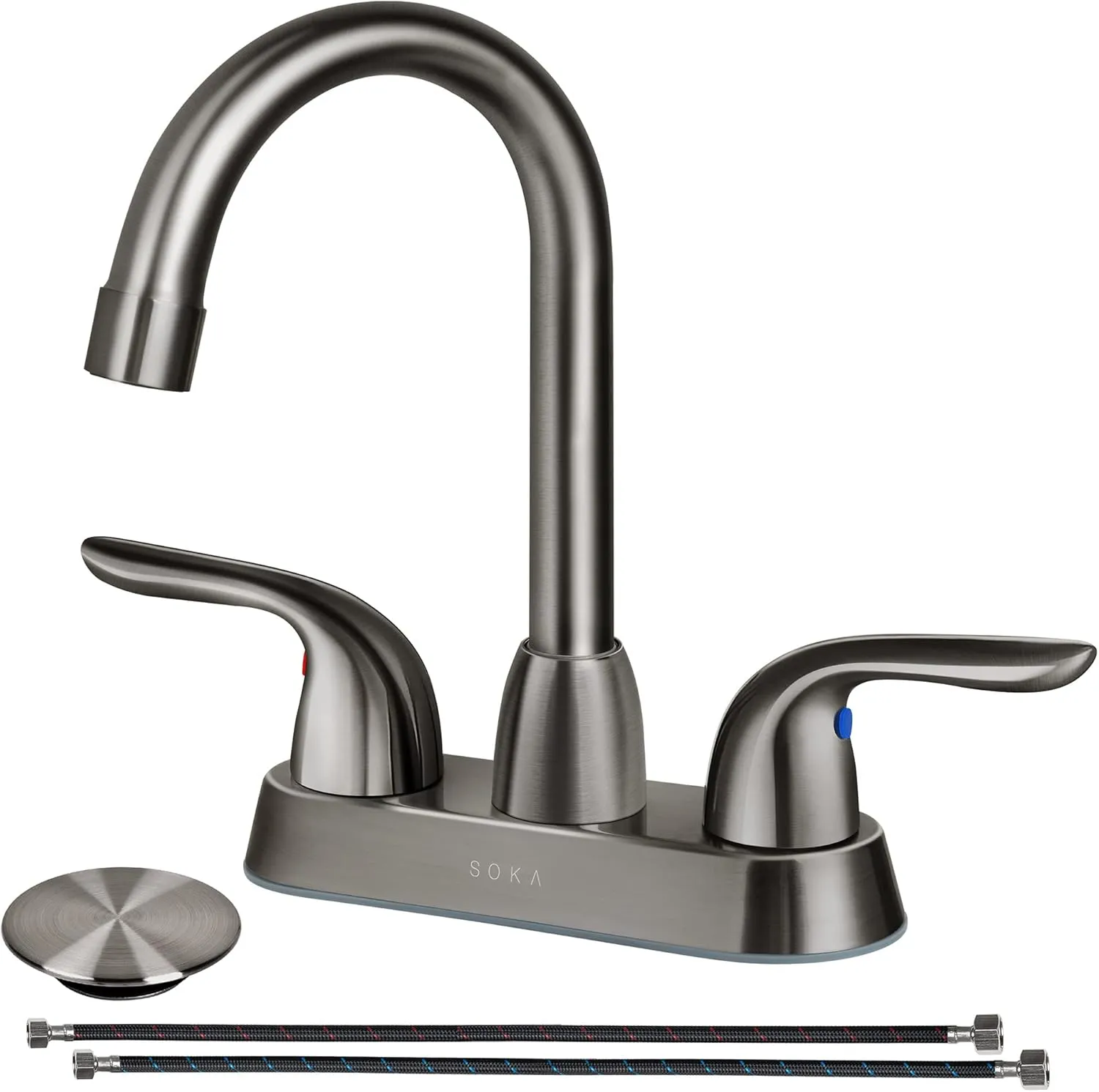 Two Handles Centerset Bathroom Faucet for Sink High Arc Stainless Steel with Deck Plate & Pop-Up Drain Assembly Fit 3 Hole Installation, Metallic Grey