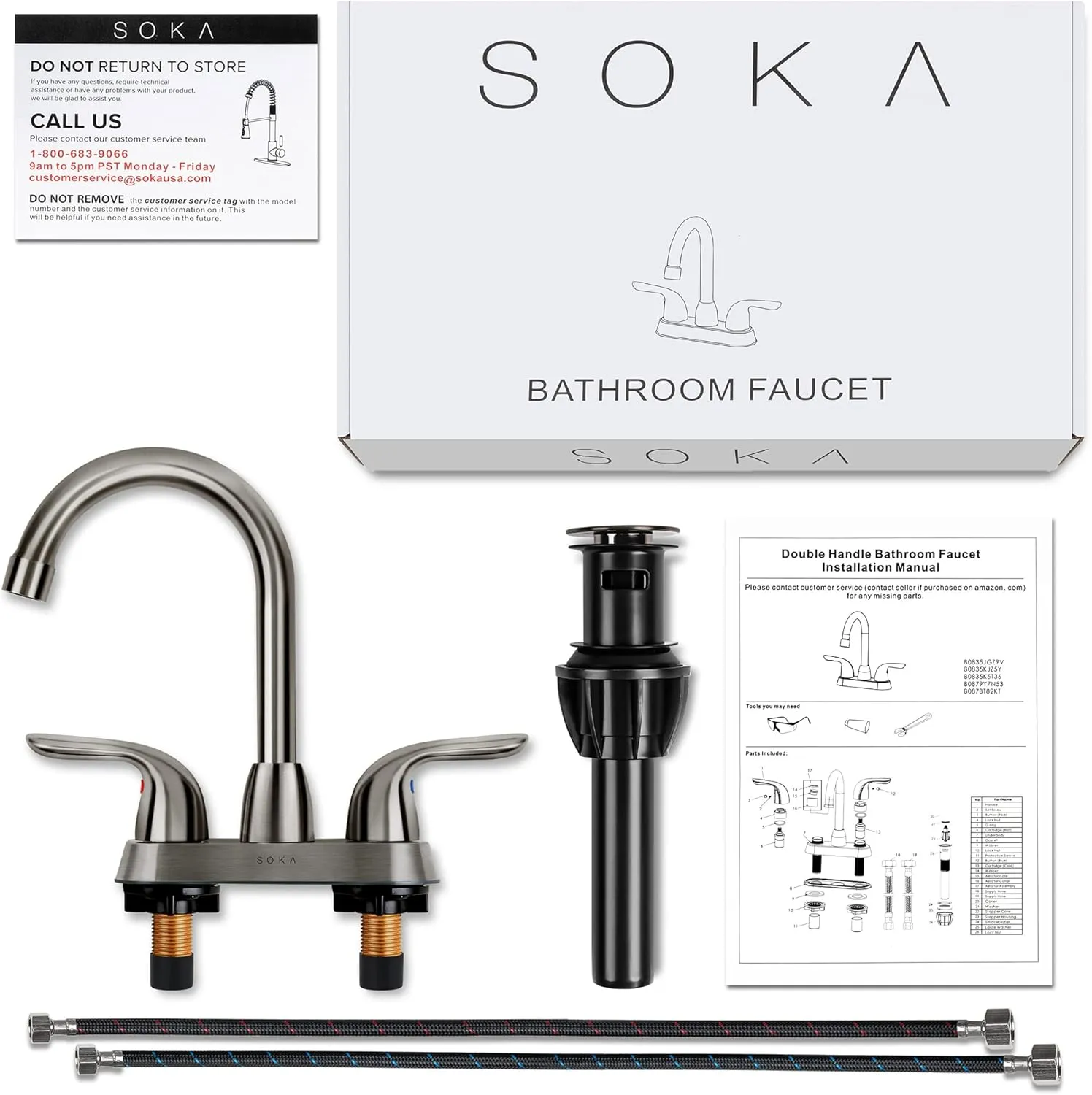 Two Handles Centerset Bathroom Faucet for Sink High Arc Stainless Steel with Deck Plate & Pop-Up Drain Assembly Fit 3 Hole Installation, Metallic Grey