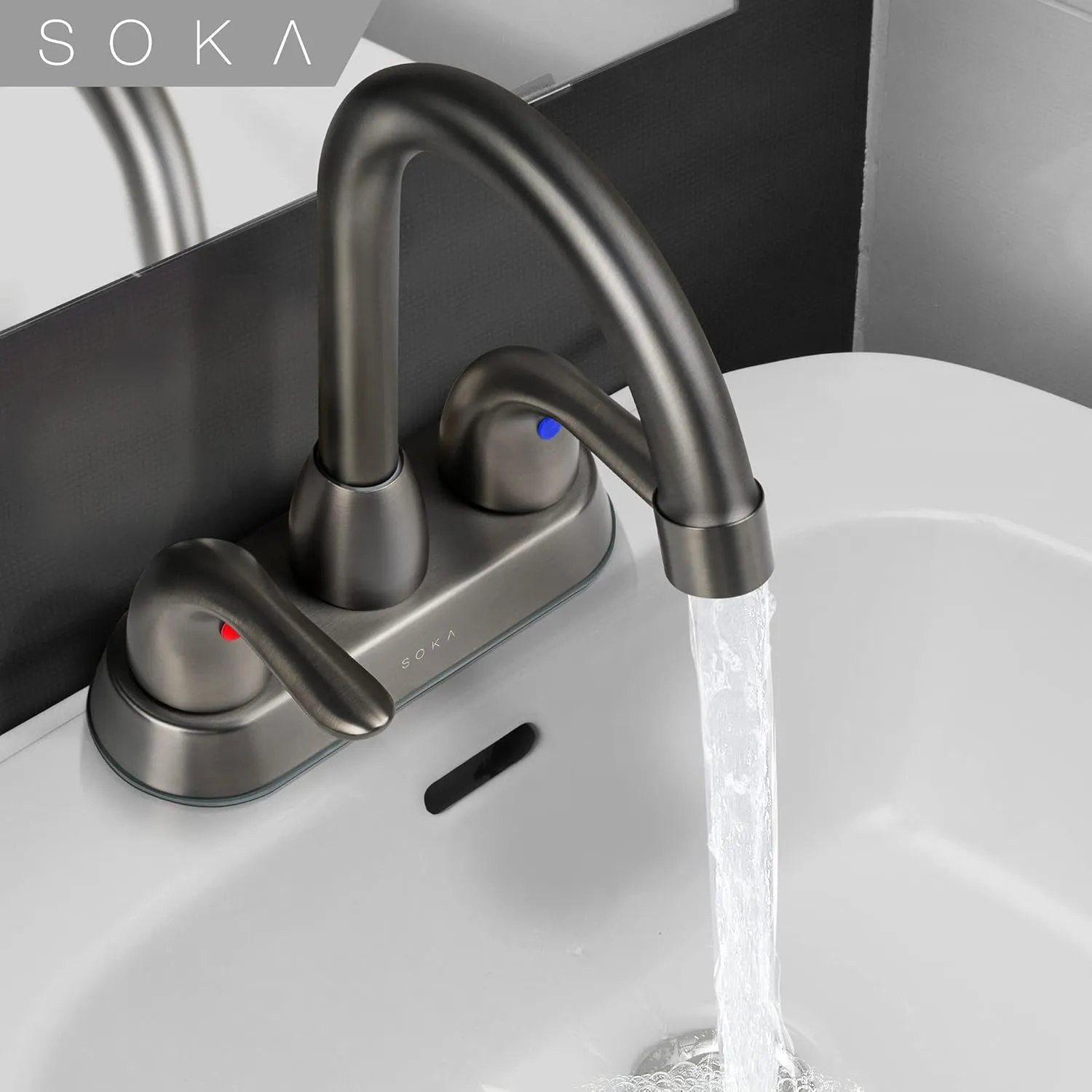 Two Handles Centerset Bathroom Faucet for Sink High Arc Stainless Steel with Deck Plate & Pop-Up Drain Assembly Fit 3 Hole Installation, Metallic Grey
