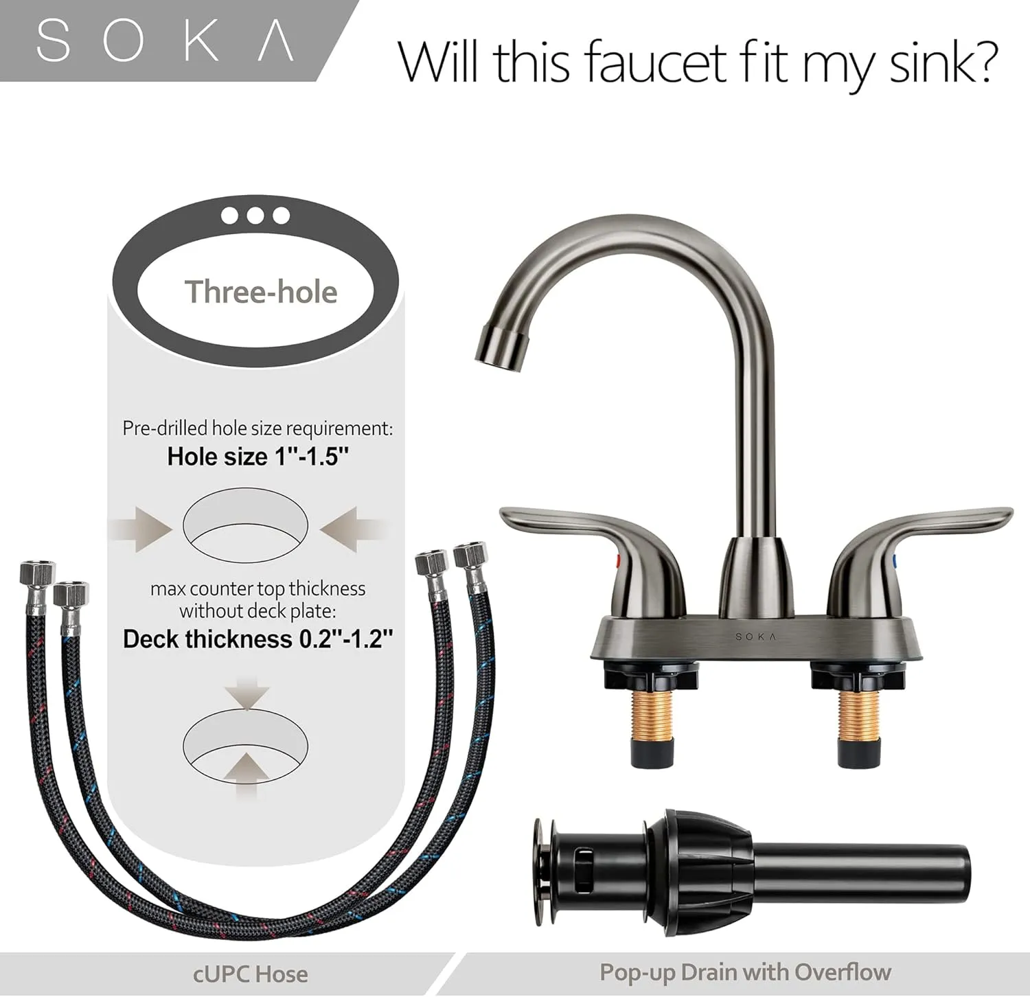 Two Handles Centerset Bathroom Faucet for Sink High Arc Stainless Steel with Deck Plate & Pop-Up Drain Assembly Fit 3 Hole Installation, Metallic Grey