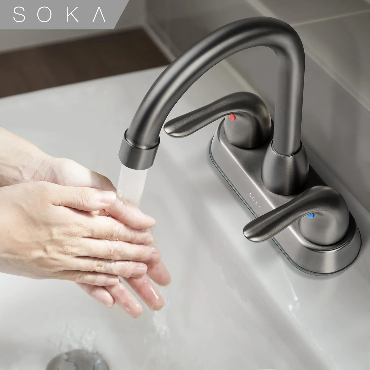 Two Handles Centerset Bathroom Faucet for Sink High Arc Stainless Steel with Deck Plate & Pop-Up Drain Assembly Fit 3 Hole Installation, Metallic Grey