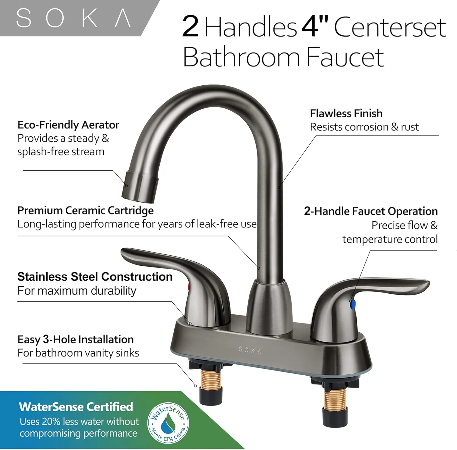 Two Handles Centerset Bathroom Faucet for Sink High Arc Stainless Steel with Deck Plate & Pop-Up Drain Assembly Fit 3 Hole Installation, Metallic Grey