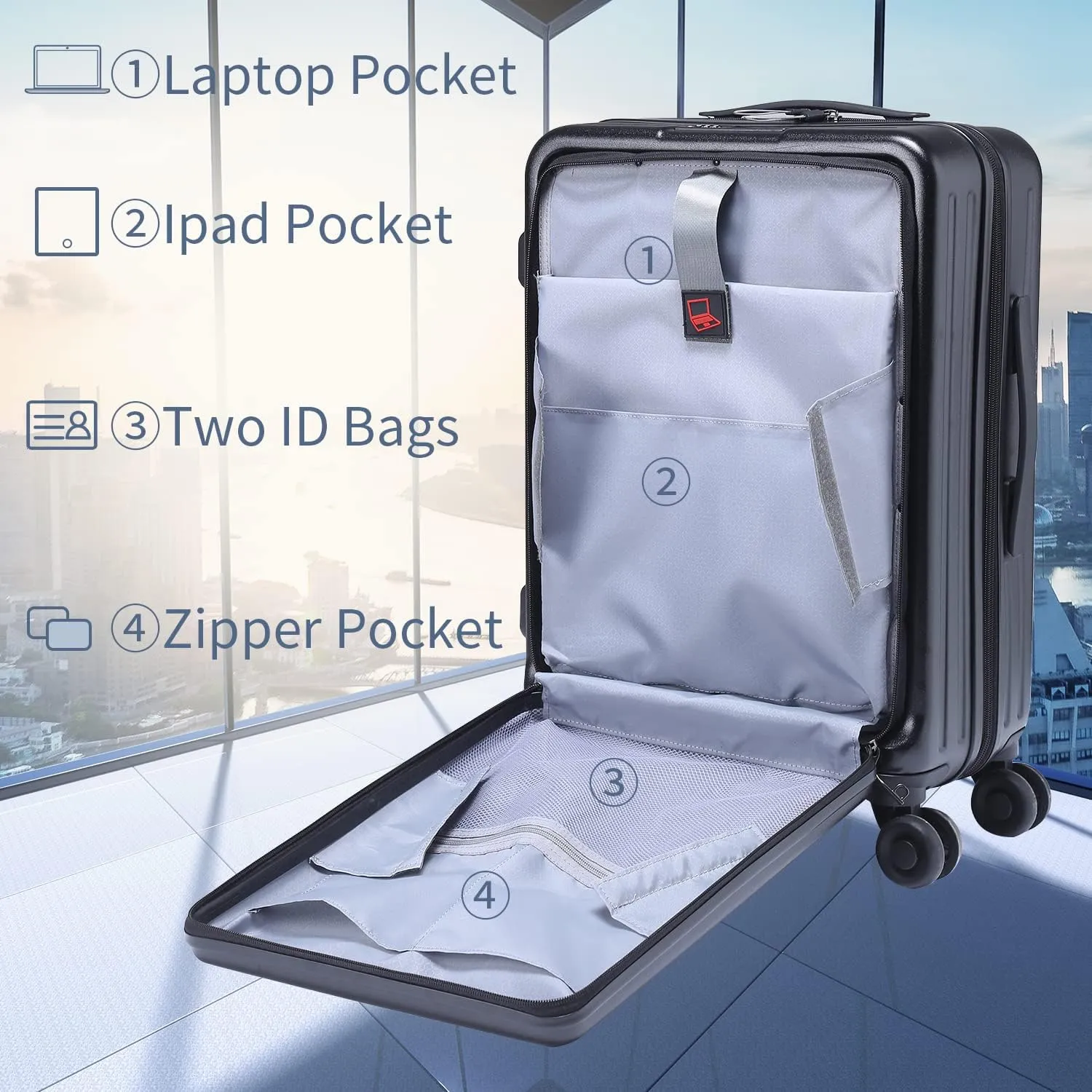 TydeCkare 20 Inch Luggage Carry On with Front Compartment, 22x14.6x10in, 45L, Lightweight ABS PC Hardshell Suitcase with TSA Lock, YKK Zipper & 4 Spinner Silent Wheels, Black