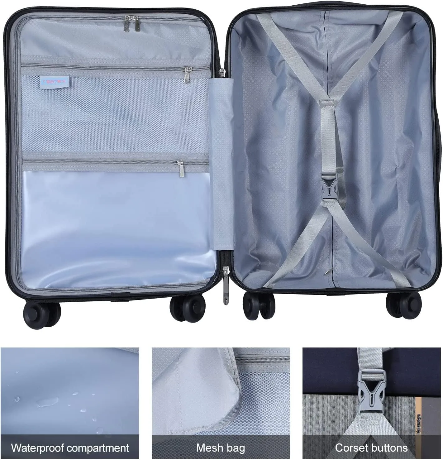 TydeCkare 20 Inch Luggage Carry On with Front Compartment, 22x14.6x10in, 45L, Lightweight ABS PC Hardshell Suitcase with TSA Lock, YKK Zipper & 4 Spinner Silent Wheels, Black