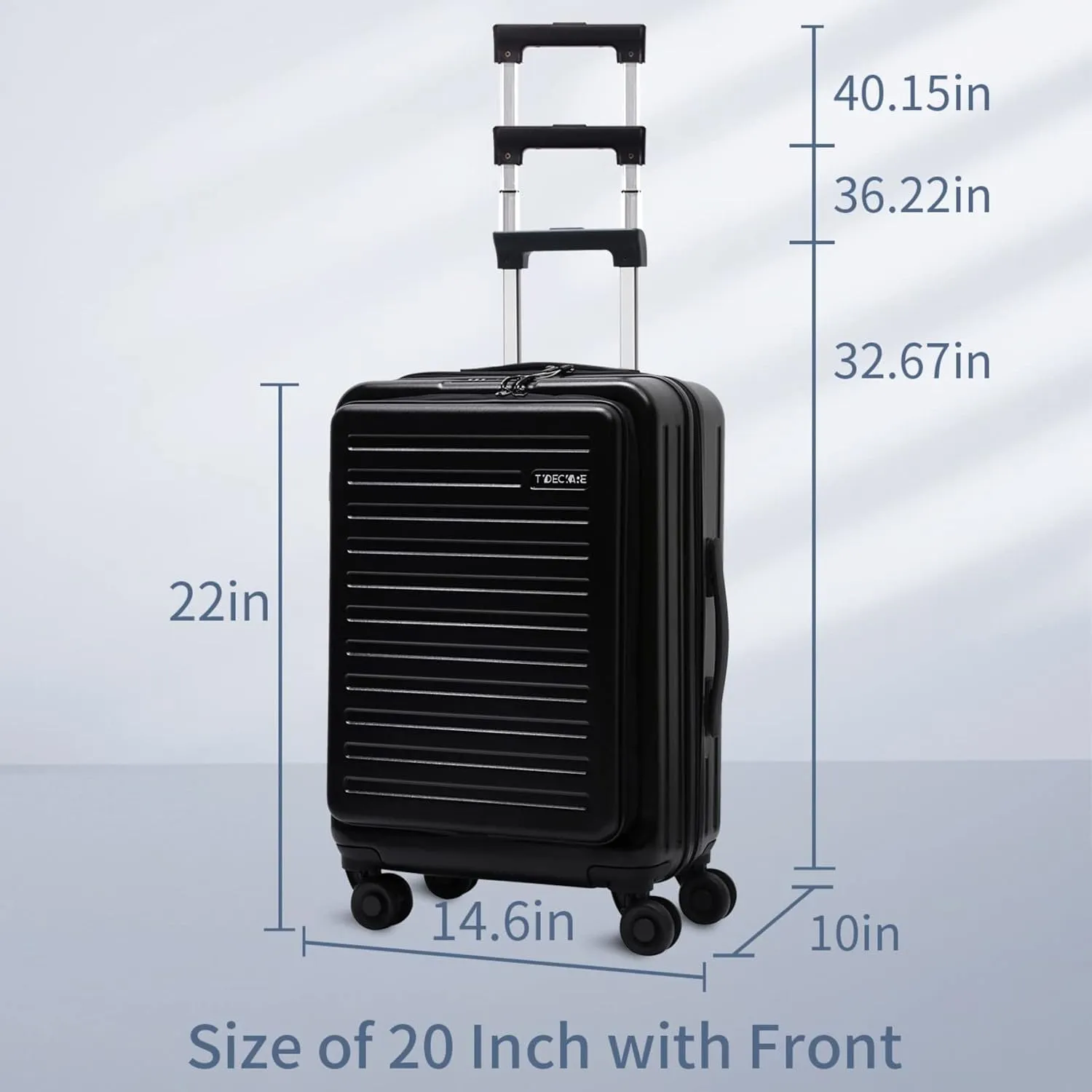 TydeCkare 20 Inch Luggage Carry On with Front Compartment, 22x14.6x10in, 45L, Lightweight ABS PC Hardshell Suitcase with TSA Lock, YKK Zipper & 4 Spinner Silent Wheels, Black