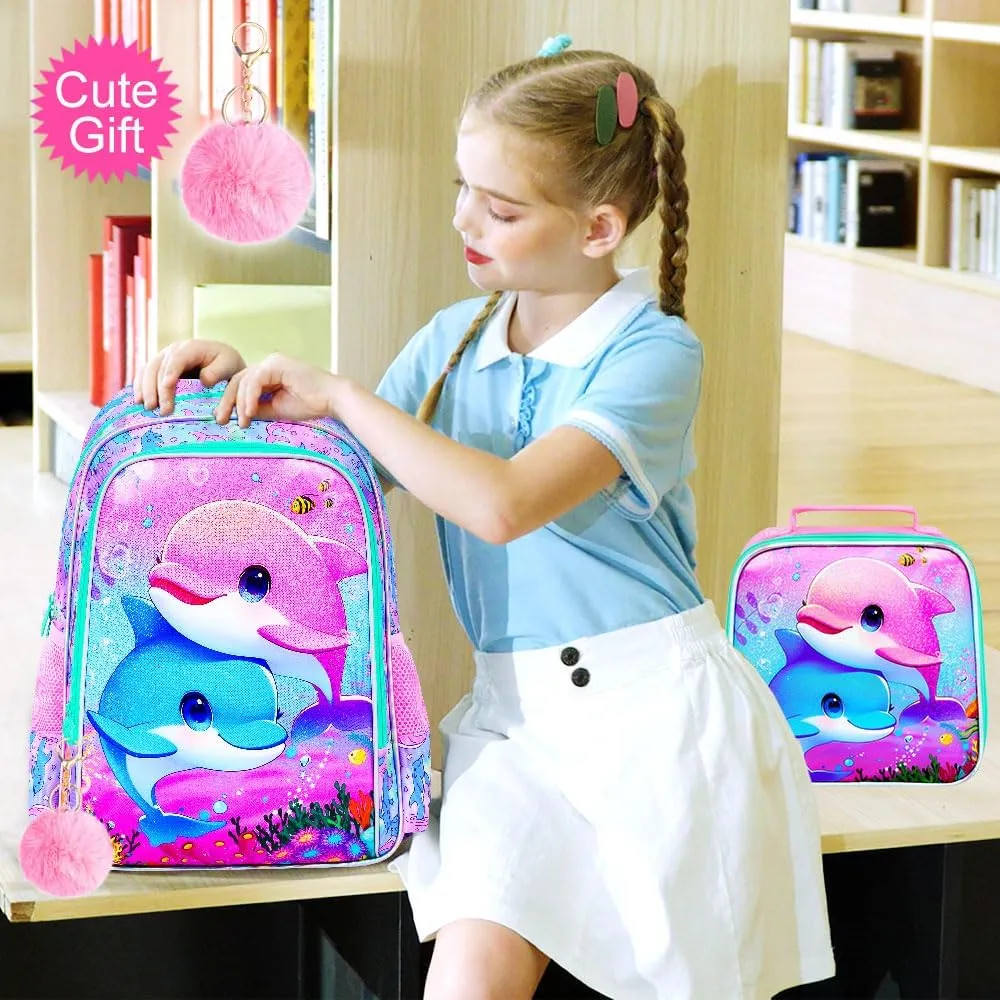 UFNDC 3PCS Dolphin Bookbag for Girls, 16" Kids Backpack with Lunch Box, Water Resistant School Bag for Elementary Preschool Toddler