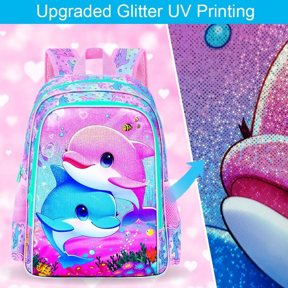 UFNDC 3PCS Dolphin Bookbag for Girls, 16" Kids Backpack with Lunch Box, Water Resistant School Bag for Elementary Preschool Toddler