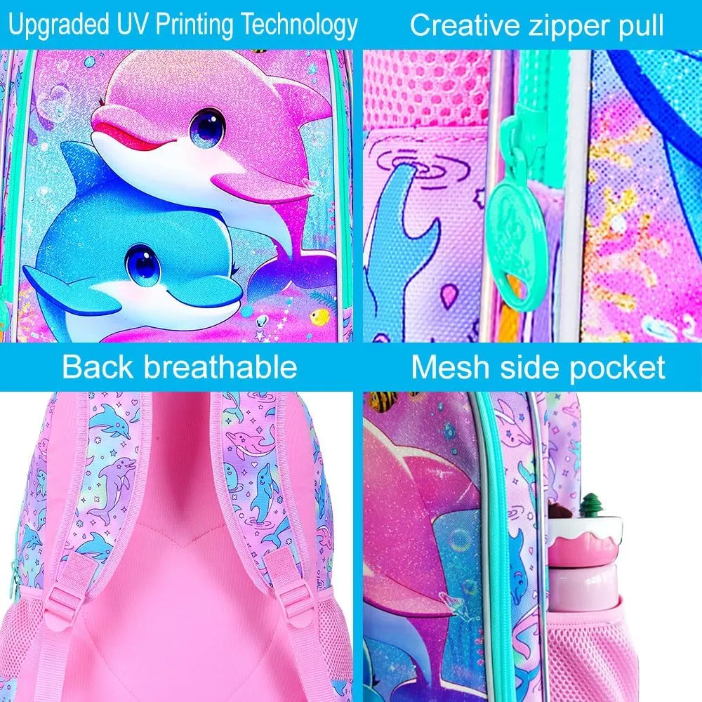 UFNDC 3PCS Dolphin Bookbag for Girls, 16" Kids Backpack with Lunch Box, Water Resistant School Bag for Elementary Preschool Toddler